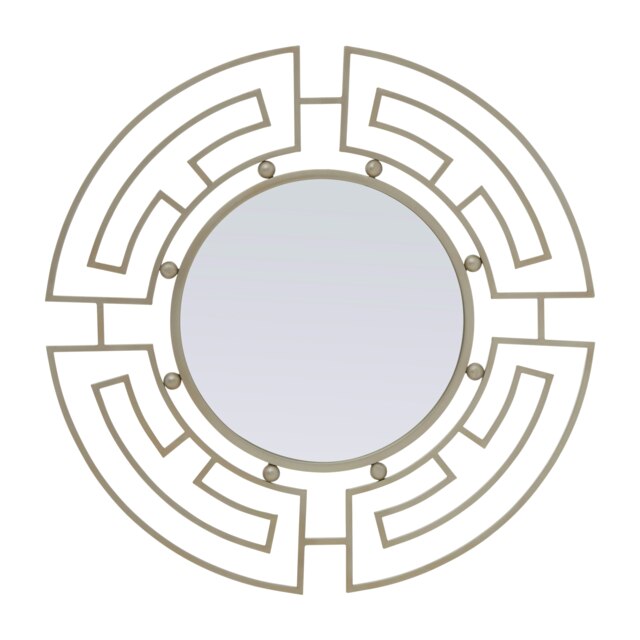Orsina Silver Round Wall Mirror with Geometric Metal Frame, Fusion Style Statement Mirror for Living Room or Hallway