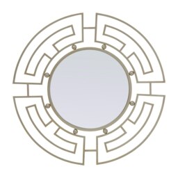 Orsina Silver Round Wall Mirror with Geometric Metal Frame, Fusion Style Statement Mirror for Living Room or Hallway
