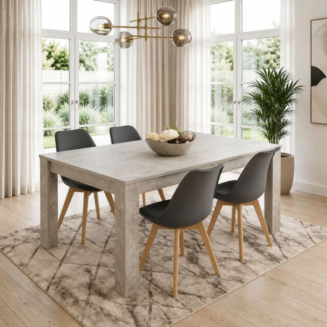Modern Stone Grey Effect Dining Table Set with 4 Grey Plastic Chairs Dining Room Furniture