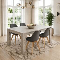 Modern Stone Grey Effect Dining Table Set with 4 Grey Plastic Chairs Dining Room Furniture