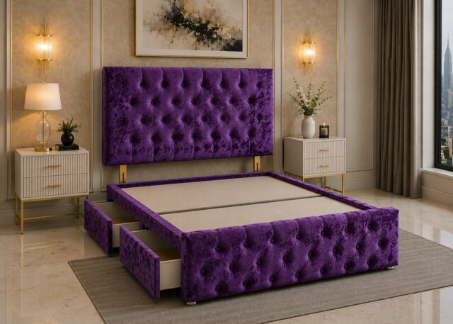 Brooklyn Divan Bed with Upholstered Headboard & Footboard Base - Single Purple Crush 2 Drawers Storage Right Side in Bed