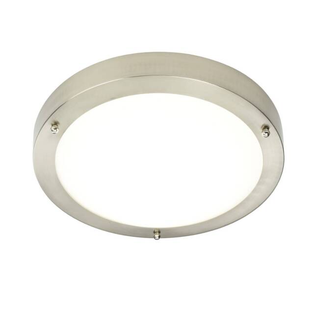 Portico LED Bathroom Flush Ceiling Light Frosted Glass, Satin Nickel IP44