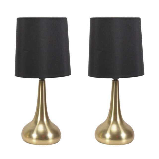 ValueLights Teardrop Pair Gold Touch Table Lamp Black Shade and Bulb