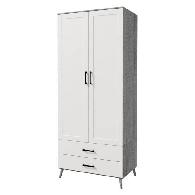 DEVON Wardrobe 2 Door 2 Drawer Modern Bedroom Clothes Storage Hanging Rail 180cm Grey Ash Grey White 1