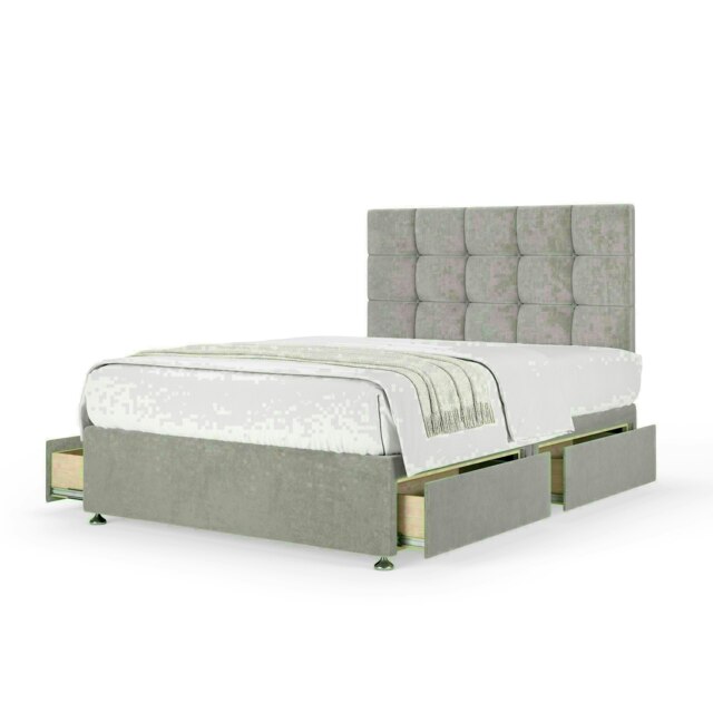Seal Grey Naples Velvet 4 Drawer Divan Base and Pearl Headboard King Size