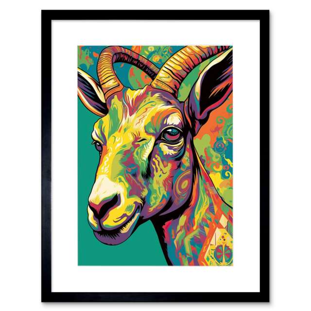 "Goat Psychedelic Portrait Vibrant Colourful 9x7"" Black Framed Wall Art Print"