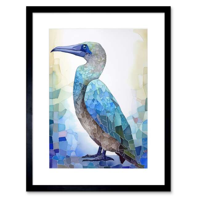 "Blue Footed Booby Bird Watercolour Painting Collage 9x7"" Black Framed Wall Art Print"