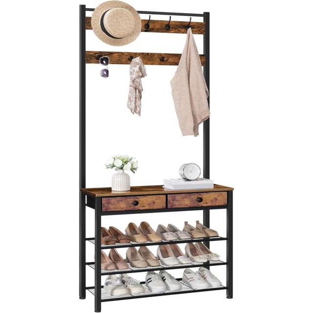 Industrial Entryway Hall Tree Coat Rack Stand With Shoe Storage, Hooks, and Drawers