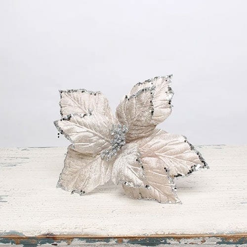 Silver Velvet Poinsettia with Glitter Detail Small Christmas Pick Decoration 33cm