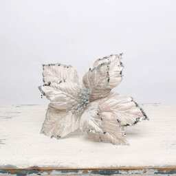 Silver Velvet Poinsettia with Glitter Detail Small Christmas Pick Decoration 33cm