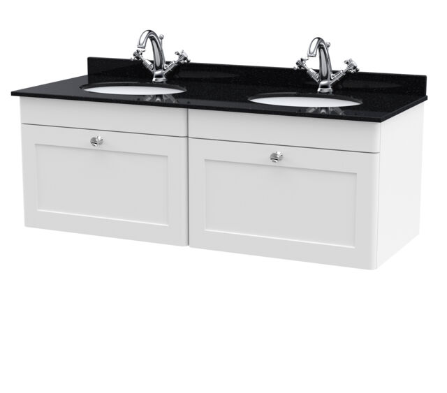 Balterley Swynnerton Traditional 2 Drawer Wall Hung Vanity Unit with Double Marble Basin, Satin White, 1200mm