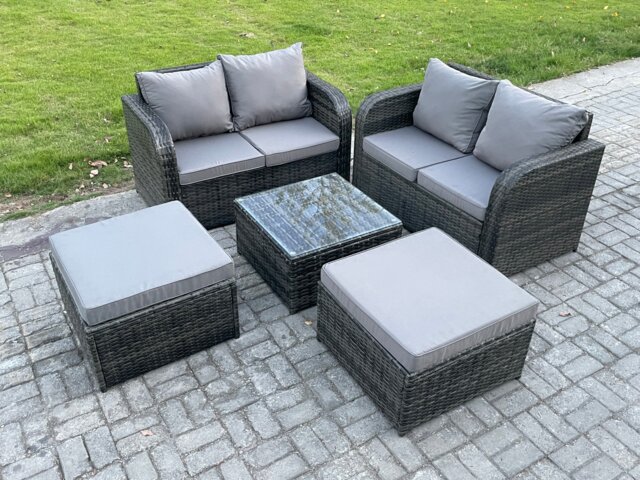 Fimous Rattan Sofa Set Outdoor Garden Furniture Set with Square Coffee Table Loveseat Sofa 2 Big Footstool Dark Grey Mixed