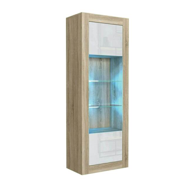 Tall Cabinet 170cm White Gloss Doors Oak Matt Body Free LED Light Multi Oak