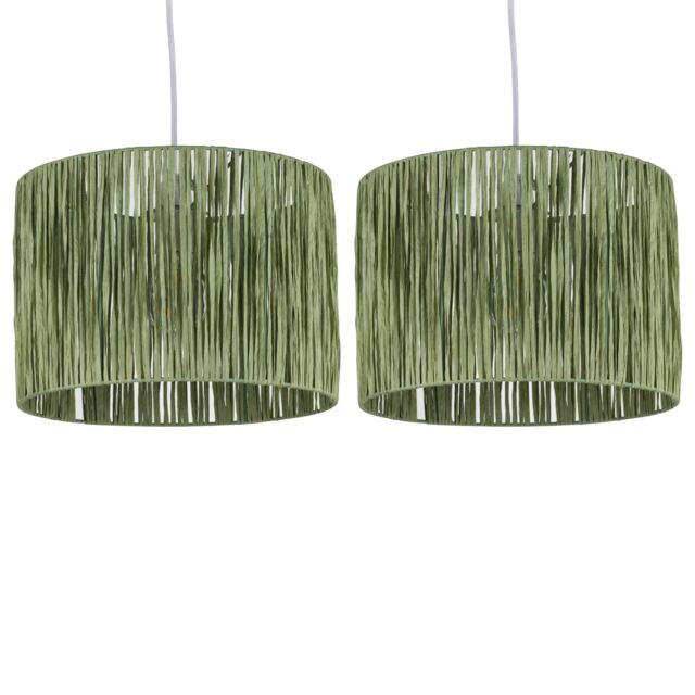 Set of 2 Raffia - Green 28cm Straw Pendant or Lamp Shades Green Medium 1