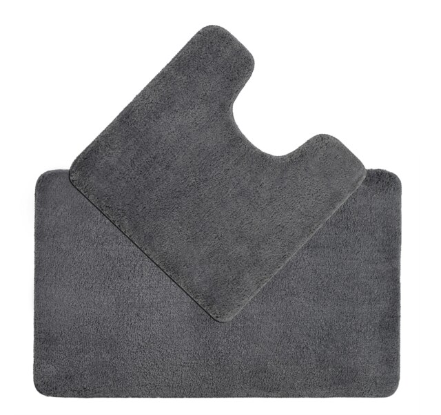Luxury Microfibre Deep Pile Bath Mat and Pedestal Set - Non Slip Grey Charcoal