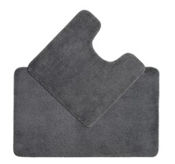 Luxury Microfibre Deep Pile Bath Mat and Pedestal Set - Non Slip Grey Charcoal