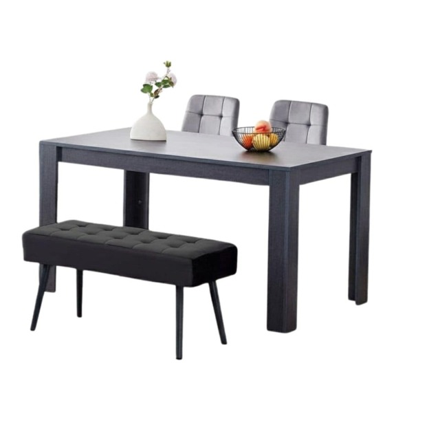 Dining Table and 2 Chairs With Bench, 2 Grey Velvet Chairs Wood Dining Set Furniture