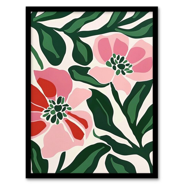 Abstract Flower Pattern Pink Green Bloom Mastisse Black Framed Wall Art Print A4