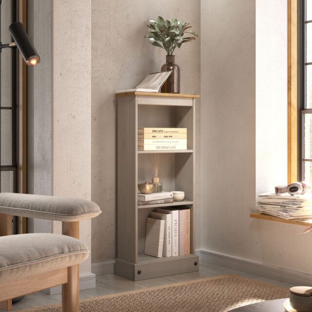 Premium Corona 3-Shelf Low Narrow Bookcase - Solid Pine Construction with Wax Finish and Antique Wax Top Grey Grey Wax One Size 1