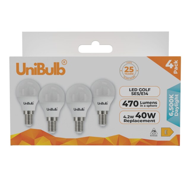UniBulb LED Golf Ball E14 Small Edison Screw (SES) 470lm 4.2W (Replaces 40W) 6500K (Daylight) Light Bulb - Pack of 4 White Daylight 4