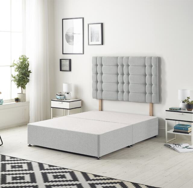 Astoria Divan Bed Base with 30 Inch Diamonte Button Headboard Linen Fabric Grey Sage Single