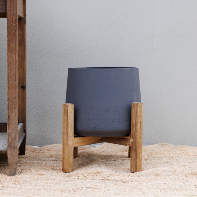 Primrose Textured Concrete Round Garden Planter with Wooden Stand in Grey 43cm