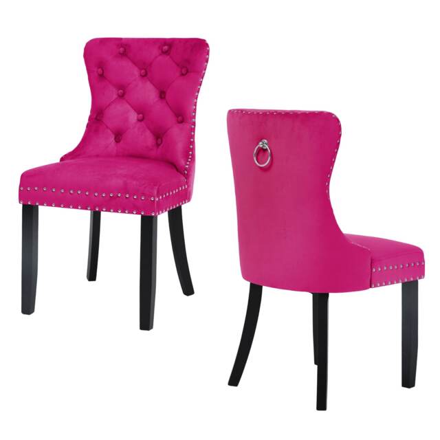 Groundlevel Set of 2 Studded Luxurious Velvet Dining Chairs with Ring Knocker Pink Pink