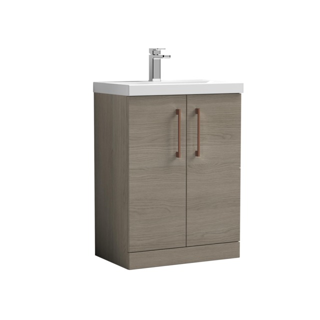 Balterley Level Contemporary Bathroom Floor Standing 2-Door Vanity & Mid-Edge Basin, with Square D Handle Brown 840 x 610 x 390mm