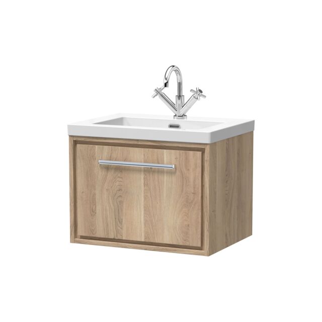 Balterley Longnor 1 Drawer Wall Hung Vanity Unit with 1 Tap Hole Modern Fireclay Basin, Light Oak, 600mm