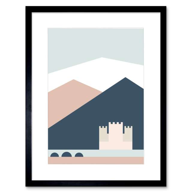 "Pastel Geometric Shapes Eilean Donan Castle Scotland 9x7"" Black Framed Wall Art Print"
