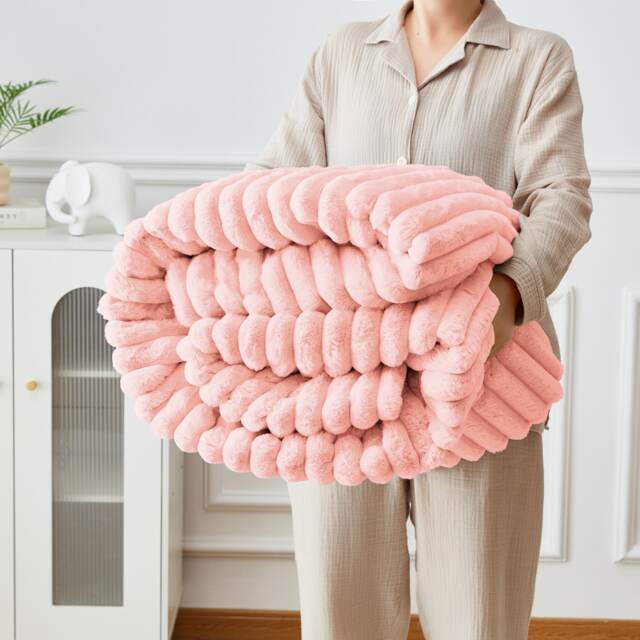 Groundlevel Super Soft Luxury Faux Rabbit Fur Stripe Throw Blanket Pink Pink