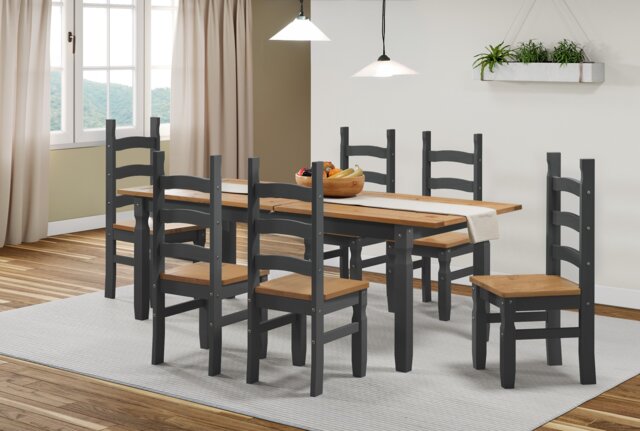 Corona Charcoal Large Extending Table & 6 Chairs Set Solid Wood Mexican Pine Wooden Large Long Kitchen Dark Grey