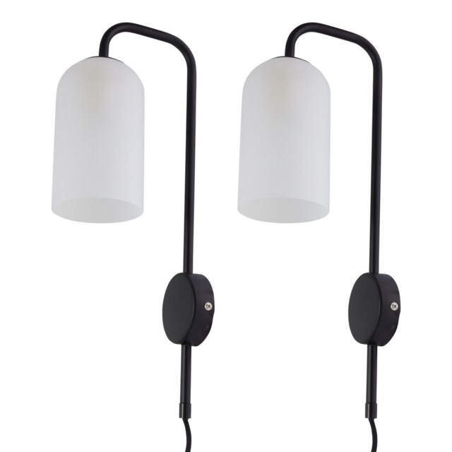 Set of 2 Victoria - Black Plug in Wall Lights Frosted Glass Shades Black White 2