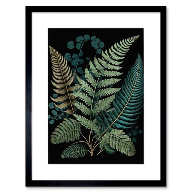 "Detailed Leaves Fern Fronds Botanical 9x7"" Black Framed Wall Art Print"