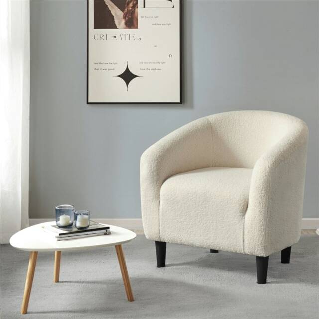 Yaheetech Fabric Club Chair Upholstered Accent Barrel Chair White Ivory