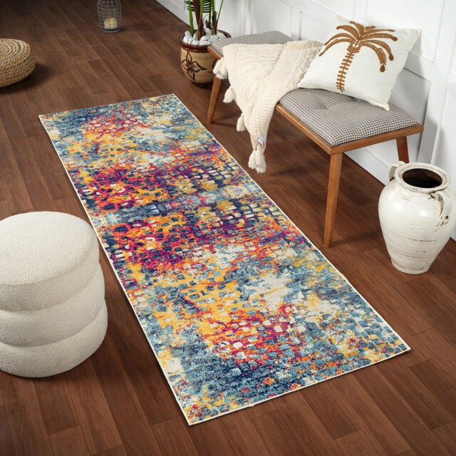 LIVABLISS Floransa-Abstract Modern Marble Rug 80 x 220 cm Pink Yellow Blue Grey