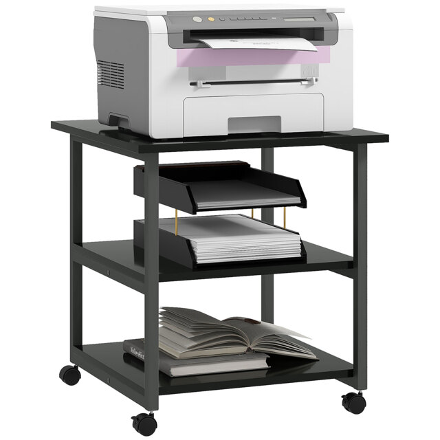 HOMCOM 3-Tier Printer Stand with Storage Shelf, Mobile Printer Table on Wheels, 50 x 50 x 52.5cm Rolling Printer Cart for Home Office, Black