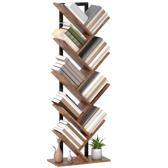 HOMCOM 9-Tier Tree Bookshelf with Steel Frame for Living Room, Rustic Brown Brown