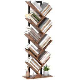HOMCOM 9-Tier Tree Bookshelf with Steel Frame for Living Room, Rustic Brown Brown