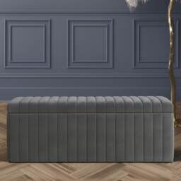 137cm Wide Lux Ottoman Storage Box, Steel Grey Velvet Upholstered Full Striped Storage Ottoman Box