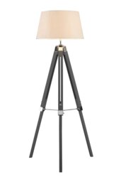 Orsina Grey Tripod Floor Lamp, Cream Linen Shade Ambient Lighting, Modern Industrial Standing Lamp With Wood Base