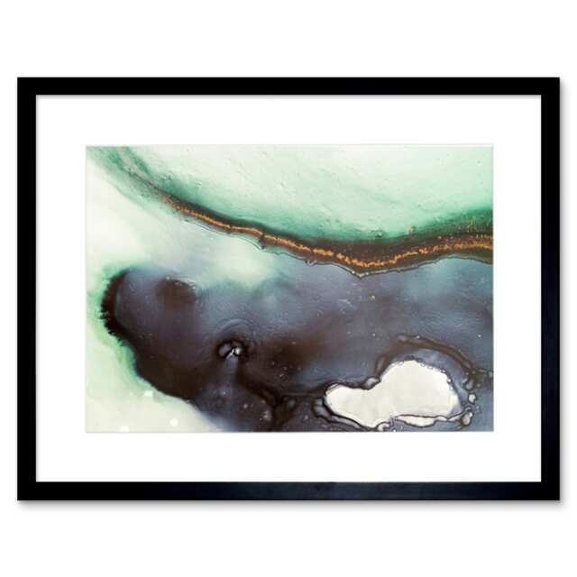 "Abstract Green Black Fluid Paint Painting 9x7"" Black Framed Wall Art Print"
