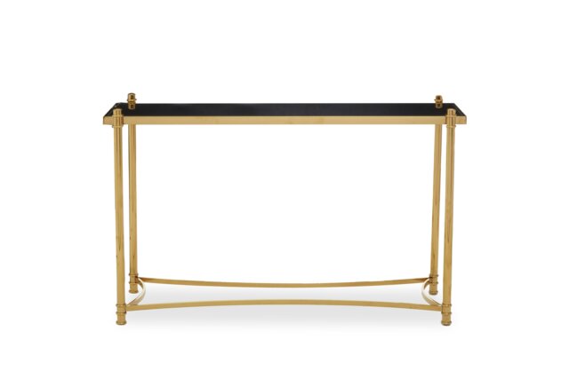 Orsina Black Glass and Metal Rectangular Console Table, Luxury Gold Console Table, Modern Hallway Console Table