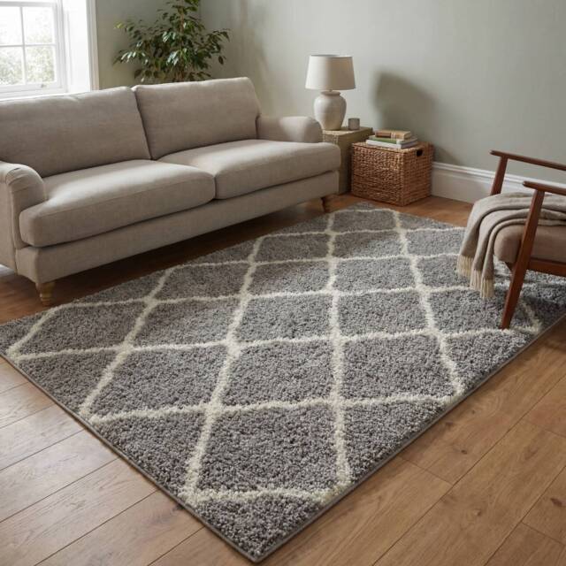 The Rugs Moroccan Collection Soft High Pile Shaggy Lattice Rugs and Runners Living Room