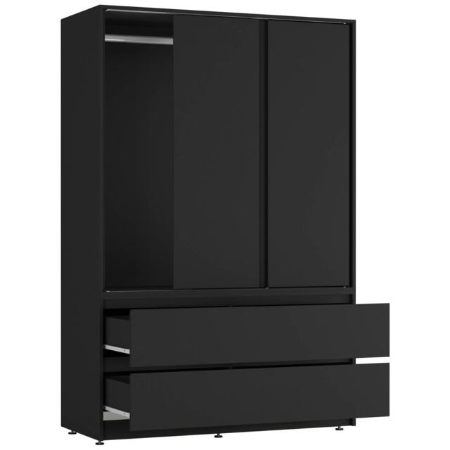 URBNLIVING 3 Sliding Door Wardrobe With 4 Drawers And Hanging Rail Black Black Drawers 1