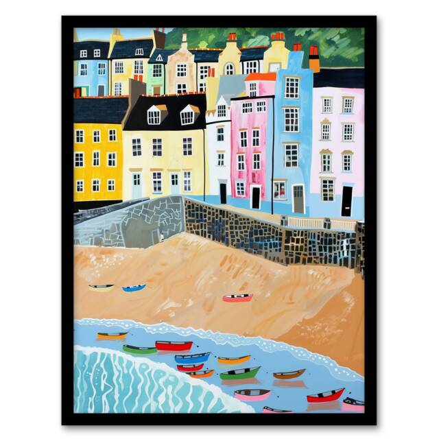 Tenby Beach Harbour Colourful Coastal Home Decor Black Framed Wall Art Print A4