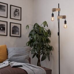 EGLO Townshend 5 Black Metal & Natural Wood 2-Light Floor Lamp - Industrial Style (D) 25cm