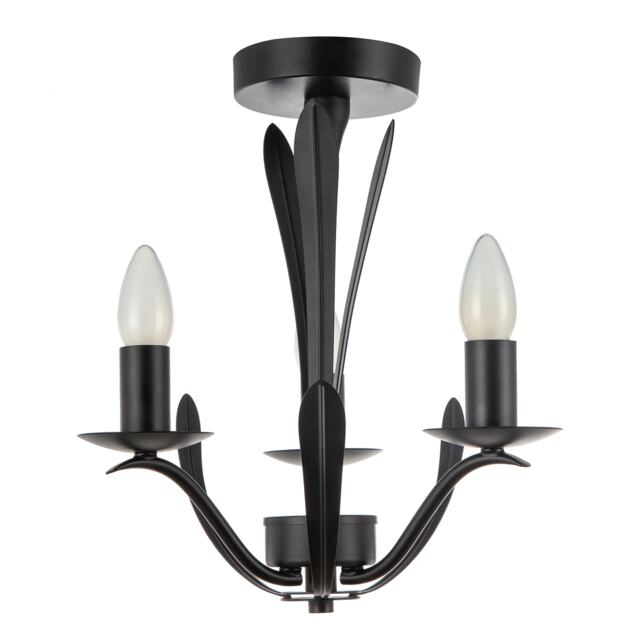 Traditional 3-Arm Ceiling Light in Matte Black with Metal Leaves