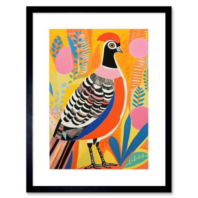 "Pleasant Bird Colourful Bright Bold Grassland Folk Art 9x7"" Black Framed Wall Art Print"