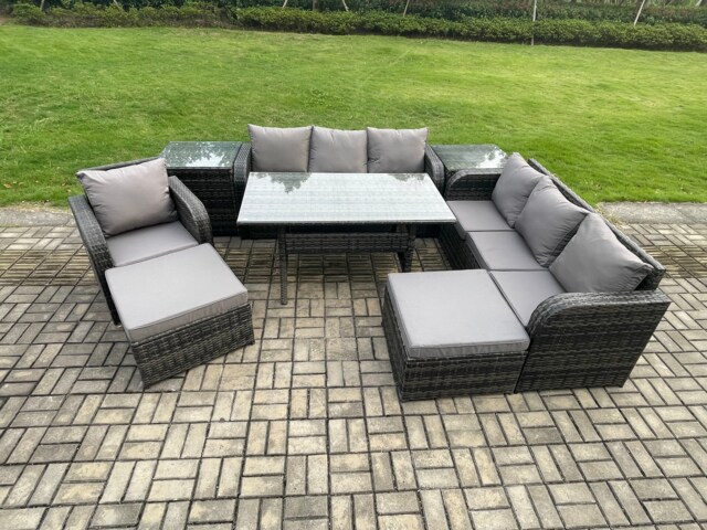 Fimous 9 Seater Outdoor Rattan Garden Furniture Set Oblong Rectangular Dining Table and Chairs Set with 3 Seater Sofa 2 Big Footstool 2 Side Tables Dark Grey Mixed